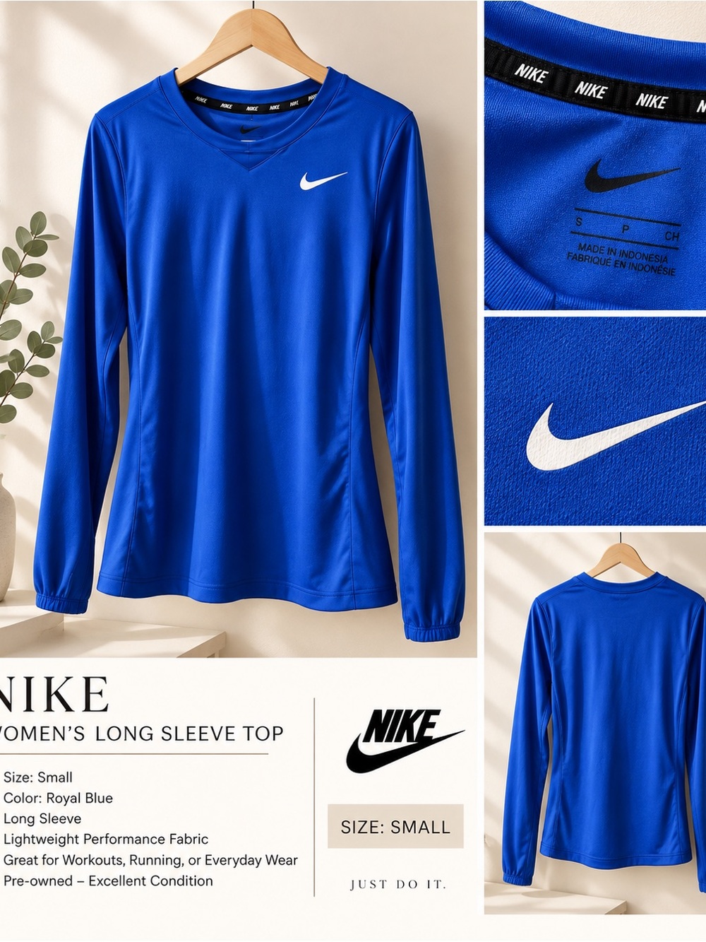 Nike Women's Long Sleeve Athletic Top - Blue with White Swoosh